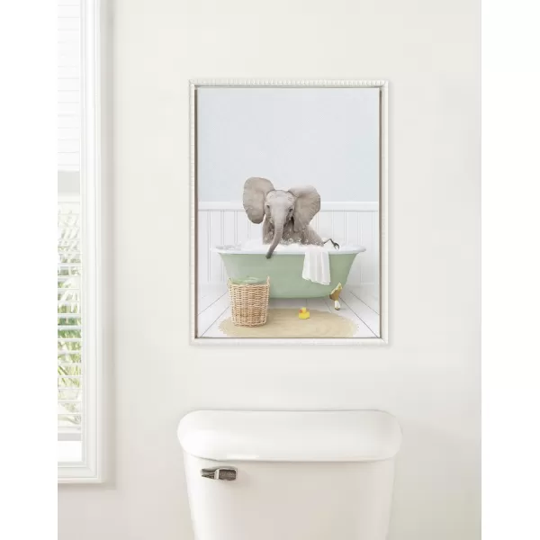 Kate and Laurel Sylvie Beaded Baby Elephant Big Ears in Cottage Bath Vintage Framed Canvas Wall Art by Amy Peterson 18x24 White Modern Fun Elephant Bathtub Wall Art for Home Dcor