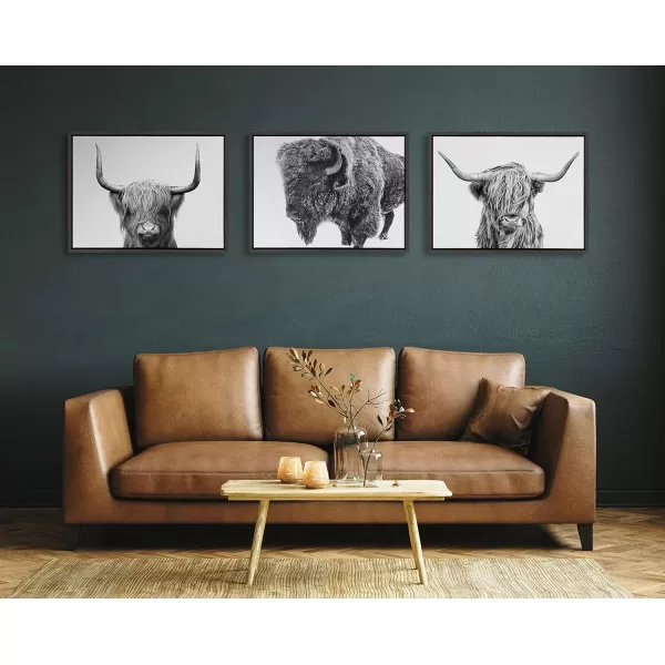 Kate and Laurel Sylvie Bison in Snow Black and White Framed Canvas Wall Art by Amy Peterson Art Studio 18x24 Gray Modern Animal Portrait Art for WallGray