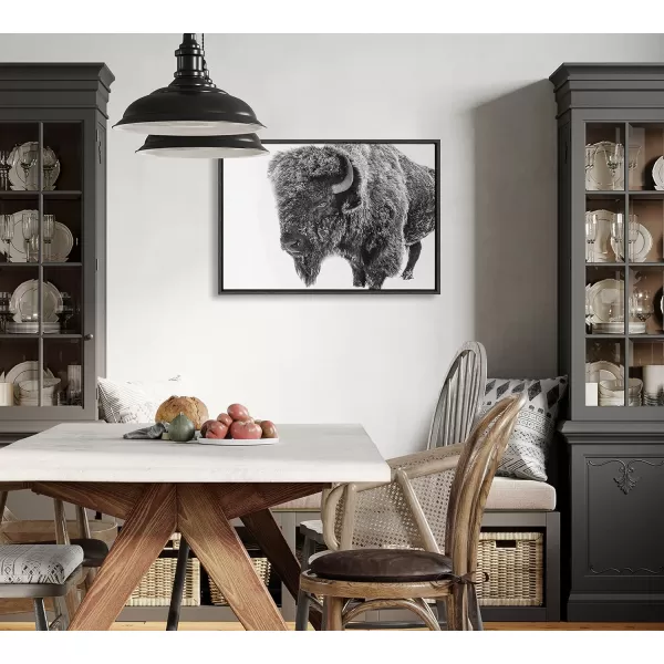 Kate and Laurel Sylvie Bison in Snow Black and White Framed Canvas Wall Art by Amy Peterson Art Studio 18x24 Gray Modern Animal Portrait Art for WallGray