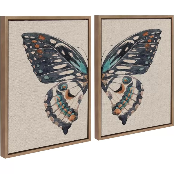 Kate and Laurel Sylvie Boho Butterfly Watercolor Diptych Neutral Linen Framed Canvas Wall Art Set by The Creative Bunch Studio 2 Piece 18x24 Natural Soft Animal Art for WallGold