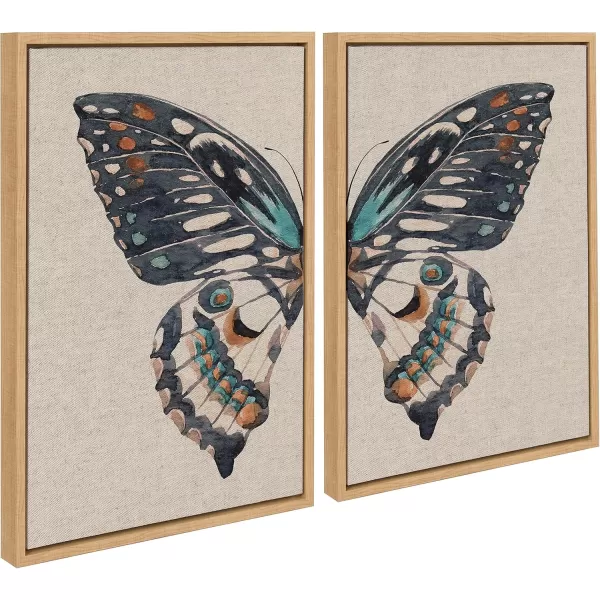 Kate and Laurel Sylvie Boho Butterfly Watercolor Diptych Neutral Linen Framed Canvas Wall Art Set by The Creative Bunch Studio 2 Piece 18x24 Natural Soft Animal Art for WallNatural