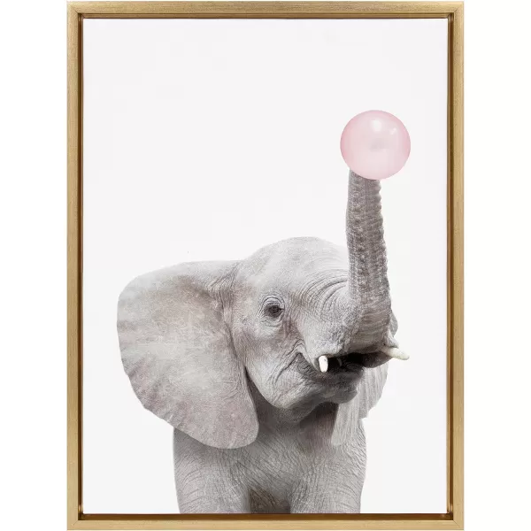 Kate and Laurel Sylvie Bubble Gum Elephant Framed Canvas Wall Art by Amy Peterson Art Studio 18x24 Gray Decorative Zoo Animal Art for WallGold