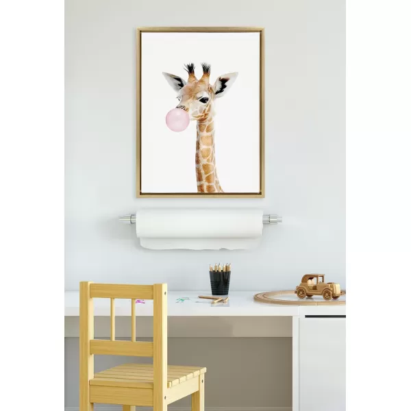 Kate and Laurel Sylvie Bubble Gum Giraffe Framed Canvas Wall Art by Amy Peterson Art Studio 23x33 Natural Cute Whimsical Animal Art for WallGold