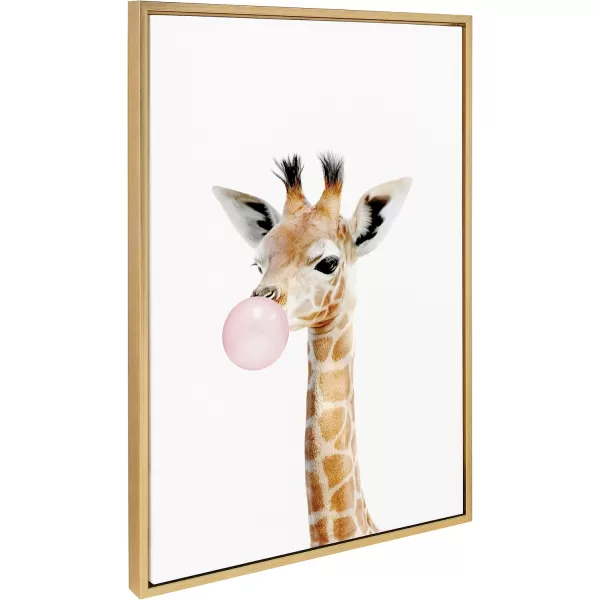 Kate and Laurel Sylvie Bubble Gum Giraffe Framed Canvas Wall Art by Amy Peterson Art Studio 23x33 Natural Cute Whimsical Animal Art for WallGold