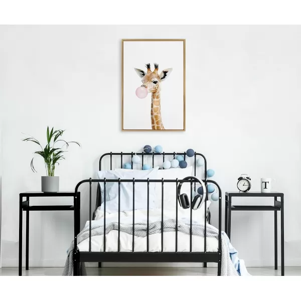 Kate and Laurel Sylvie Bubble Gum Giraffe Framed Canvas Wall Art by Amy Peterson Art Studio 23x33 Natural Cute Whimsical Animal Art for WallGold