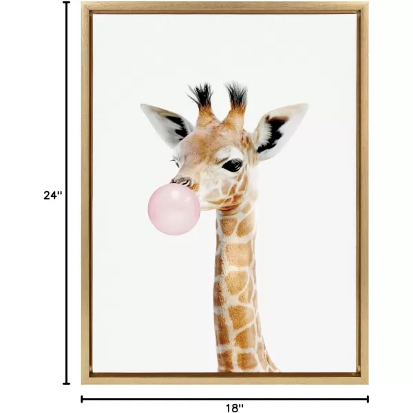 Kate and Laurel Sylvie Bubble Gum Giraffe Framed Canvas Wall Art by Amy Peterson Art Studio 23x33 Natural Cute Whimsical Animal Art for WallGold