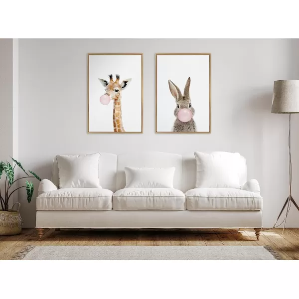 Kate and Laurel Sylvie Bubble Gum Giraffe Framed Canvas Wall Art by Amy Peterson Art Studio 23x33 Natural Cute Whimsical Animal Art for WallGold