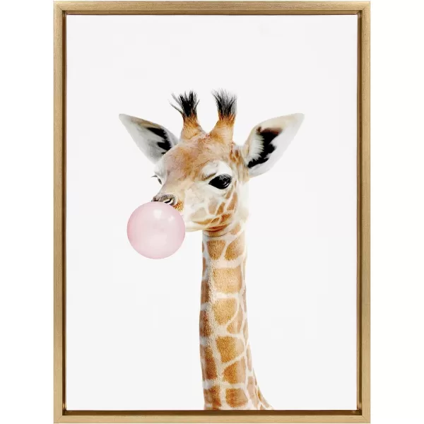 Kate and Laurel Sylvie Bubble Gum Giraffe Framed Canvas Wall Art by Amy Peterson Art Studio 23x33 Natural Cute Whimsical Animal Art for WallGold