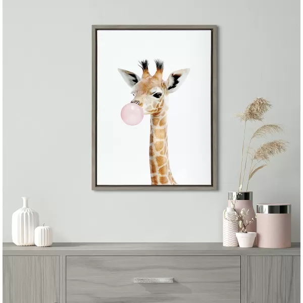 Kate and Laurel Sylvie Bubble Gum Giraffe Framed Canvas Wall Art by Amy Peterson Art Studio 23x33 Natural Cute Whimsical Animal Art for WallGray