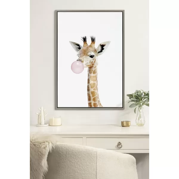 Kate and Laurel Sylvie Bubble Gum Giraffe Framed Canvas Wall Art by Amy Peterson Art Studio 23x33 Natural Cute Whimsical Animal Art for WallGray