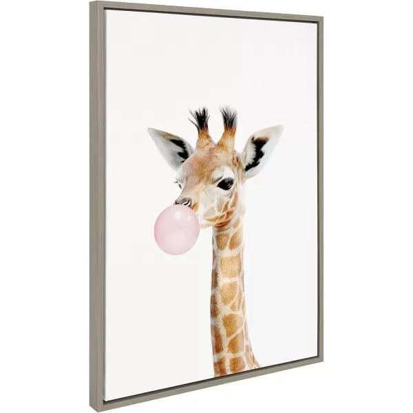 Kate and Laurel Sylvie Bubble Gum Giraffe Framed Canvas Wall Art by Amy Peterson Art Studio 23x33 Natural Cute Whimsical Animal Art for WallGray