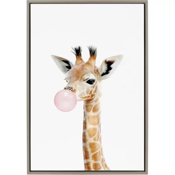 Kate and Laurel Sylvie Bubble Gum Giraffe Framed Canvas Wall Art by Amy Peterson Art Studio 23x33 Natural Cute Whimsical Animal Art for WallGray
