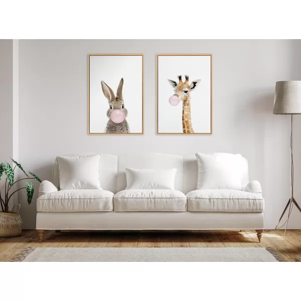 Kate and Laurel Sylvie Bubble Gum Giraffe Framed Canvas Wall Art by Amy Peterson Art Studio 23x33 Natural Cute Whimsical Animal Art for WallNatural