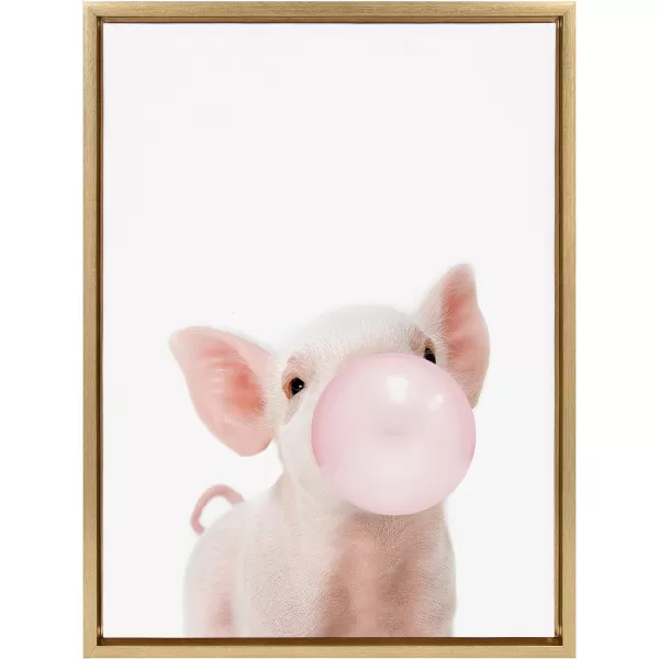 Kate and Laurel Sylvie Bubble Gum Piglet Framed Canvas Wall Art by Amy Peterson Art Studio 18x24 Natural Cute Whimsical Animal Art for WallGold