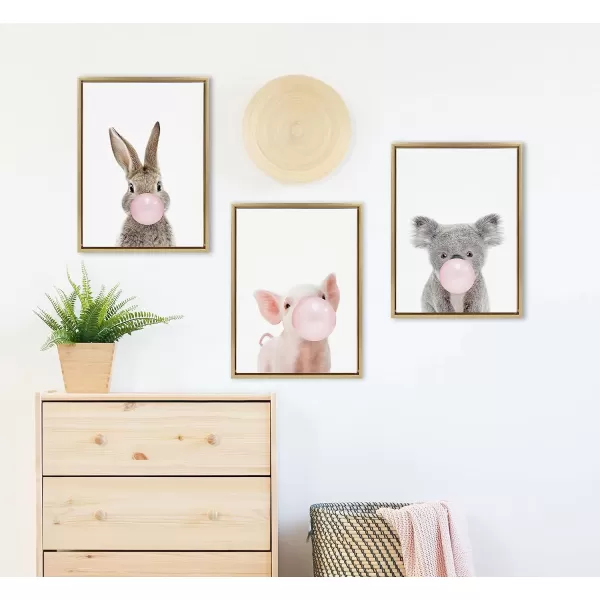 Kate and Laurel Sylvie Bubble Gum Piglet Framed Canvas Wall Art by Amy Peterson Art Studio 18x24 Natural Cute Whimsical Animal Art for WallGold