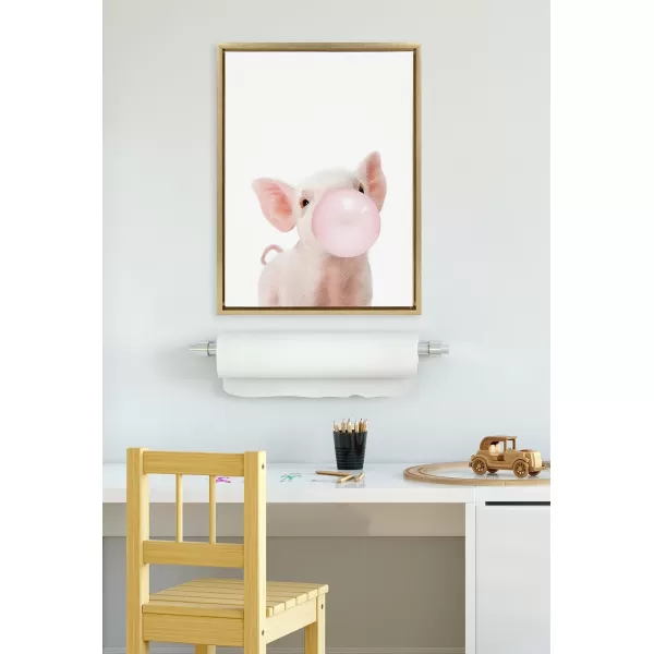 Kate and Laurel Sylvie Bubble Gum Piglet Framed Canvas Wall Art by Amy Peterson Art Studio 18x24 Natural Cute Whimsical Animal Art for WallGold