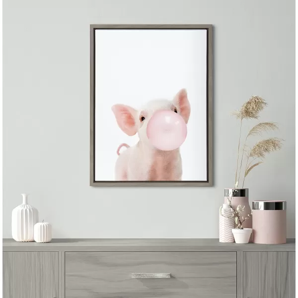 Kate and Laurel Sylvie Bubble Gum Piglet Framed Canvas Wall Art by Amy Peterson Art Studio 18x24 Natural Cute Whimsical Animal Art for WallGray