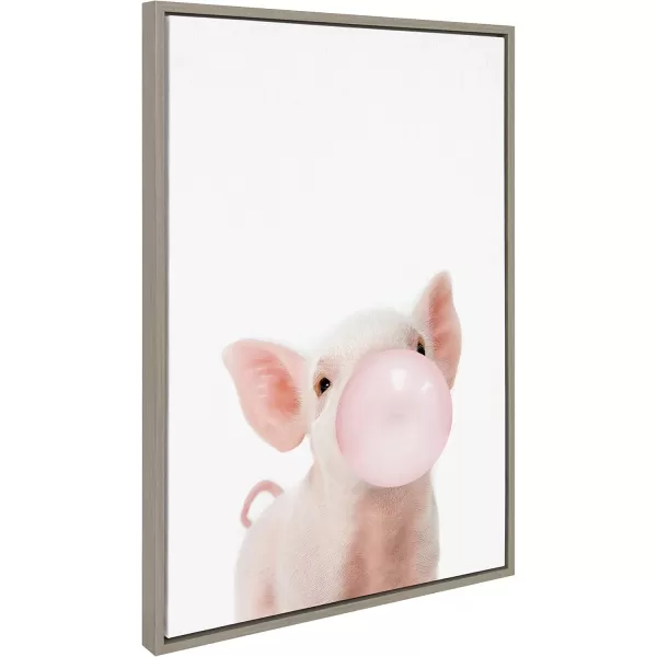 Kate and Laurel Sylvie Bubble Gum Piglet Framed Canvas Wall Art by Amy Peterson Art Studio 18x24 Natural Cute Whimsical Animal Art for WallGray