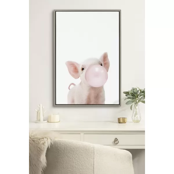 Kate and Laurel Sylvie Bubble Gum Piglet Framed Canvas Wall Art by Amy Peterson Art Studio 18x24 Natural Cute Whimsical Animal Art for WallGray