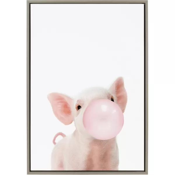 Kate and Laurel Sylvie Bubble Gum Piglet Framed Canvas Wall Art by Amy Peterson Art Studio 18x24 Natural Cute Whimsical Animal Art for WallGray