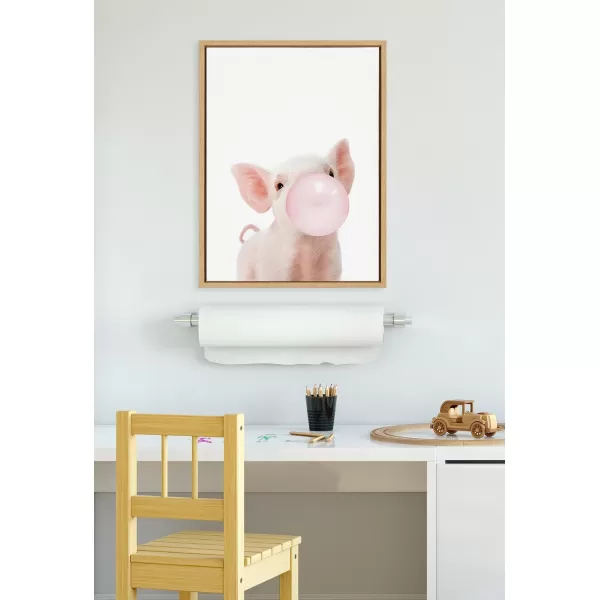 Kate and Laurel Sylvie Bubble Gum Piglet Framed Canvas Wall Art by Amy Peterson Art Studio 18x24 Natural Cute Whimsical Animal Art for WallNatural