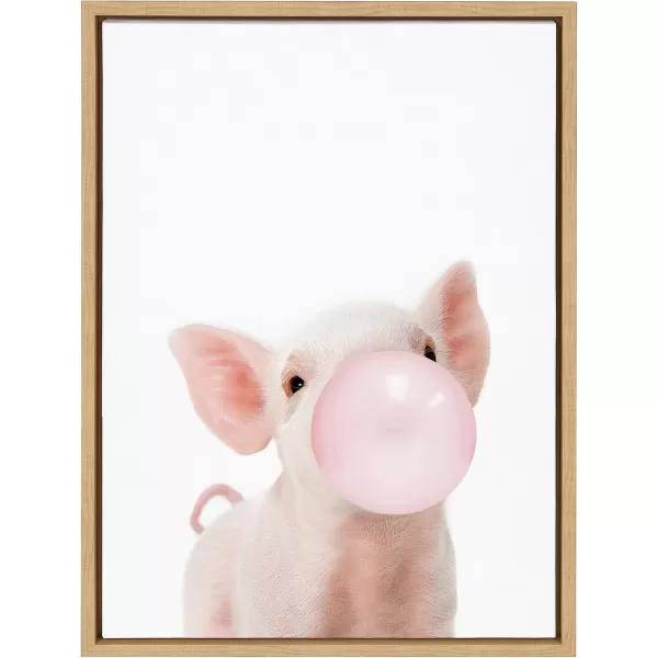 Kate and Laurel Sylvie Bubble Gum Piglet Framed Canvas Wall Art by Amy Peterson Art Studio 18x24 Natural Cute Whimsical Animal Art for WallNatural