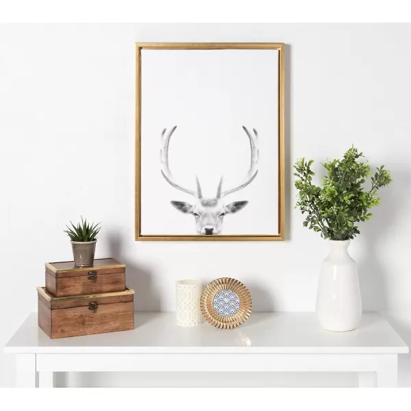 Kate and Laurel Sylvie Deer with Antlers Black and White Portrait Framed Canvas Wall Art by Simon Te Tai 18x24 GrayGold