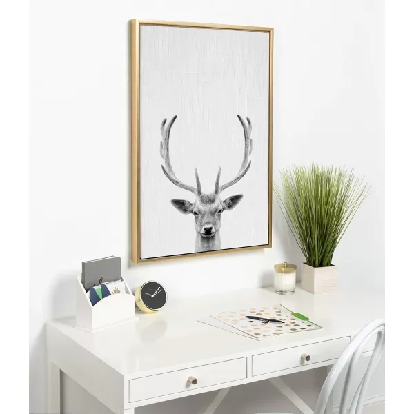 Kate and Laurel Sylvie Deer with Antlers Black and White Portrait Framed Canvas Wall Art by Simon Te Tai 18x24 GrayGold