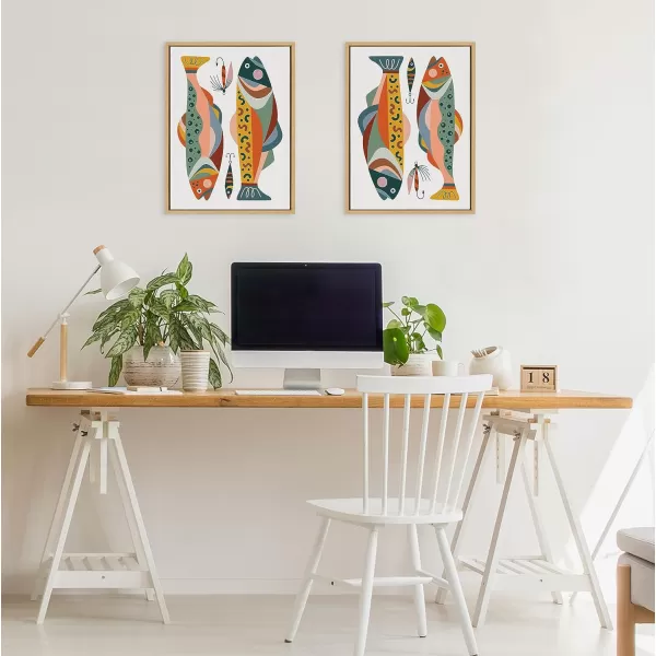Kate and Laurel Sylvie Gone Fishing Framed Canvas Wall Art by Rachel Lee of My Dream Wall 18x24 Natural Bright Colorful Fish Art Print for Wall Decor
