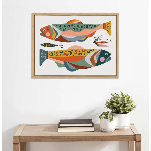 Kate and Laurel Sylvie Gone Fishing Framed Canvas Wall Art by Rachel Lee of My Dream Wall 18x24 Natural Bright Colorful Fish Art Print for Wall Decor
