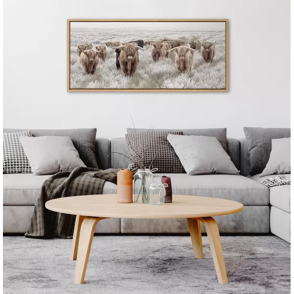 Kate and Laurel Sylvie Herd of Highland Cows Color Framed Canvas Wall Art by The Creative Bunch Studio 18x40 Natural Decorative Farmhouse Art for WallNatural