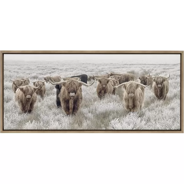 Kate and Laurel Sylvie Herd of Highland Cows Color Framed Canvas Wall Art by The Creative Bunch Studio 18x40 Natural Decorative Farmhouse Art for WallGold