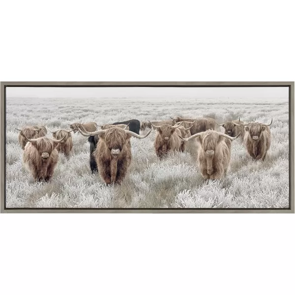 Kate and Laurel Sylvie Herd of Highland Cows Color Framed Canvas Wall Art by The Creative Bunch Studio 18x40 Natural Decorative Farmhouse Art for WallGray