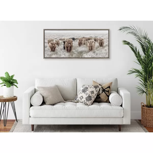 Kate and Laurel Sylvie Herd of Highland Cows Color Framed Canvas Wall Art by The Creative Bunch Studio 18x40 Natural Decorative Farmhouse Art for WallGray