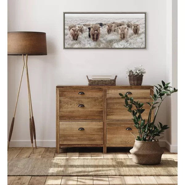 Kate and Laurel Sylvie Herd of Highland Cows Color Framed Canvas Wall Art by The Creative Bunch Studio 18x40 Natural Decorative Farmhouse Art for WallGray