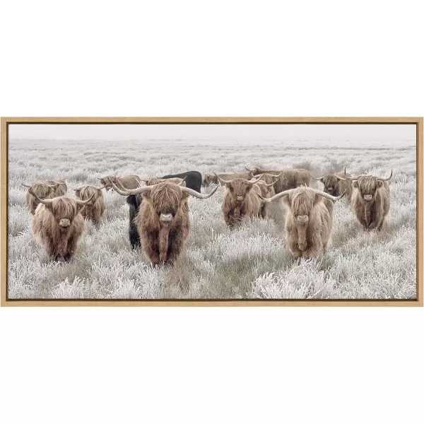 Kate and Laurel Sylvie Herd of Highland Cows Color Framed Canvas Wall Art by The Creative Bunch Studio 18x40 Natural Decorative Farmhouse Art for WallNatural