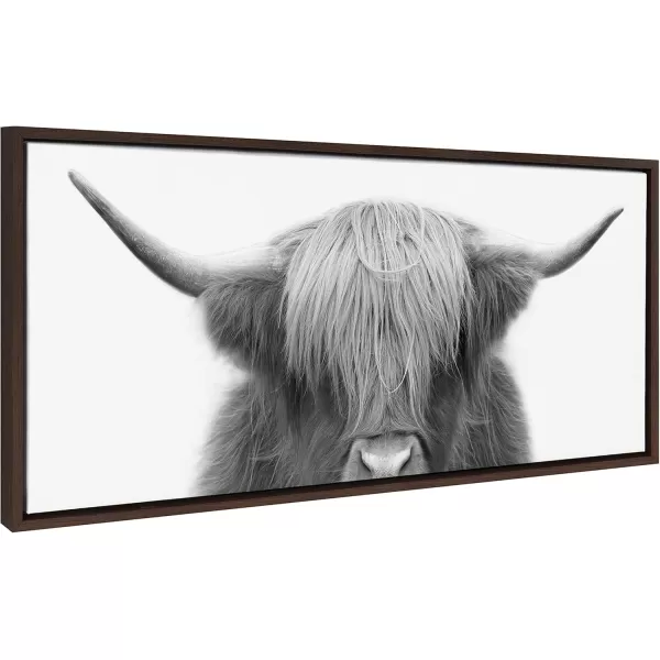 Kate and Laurel Sylvie Hey Dude Highland Cow Framed Canvas Wall Art by The Creative Bunch Studio 18x40 Natural Farmhouse Rustic Panel Art for WallBrown