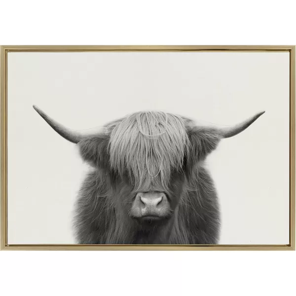 Kate and Laurel Sylvie Hey Dude Highland Cow Framed Canvas Wall Art by The Creative Bunch Studio 18x40 Natural Farmhouse Rustic Panel Art for WallGold