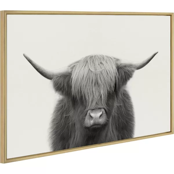 Kate and Laurel Sylvie Hey Dude Highland Cow Framed Canvas Wall Art by The Creative Bunch Studio 18x40 Natural Farmhouse Rustic Panel Art for WallGold