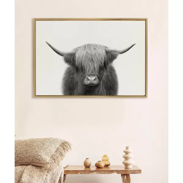 Kate and Laurel Sylvie Hey Dude Highland Cow Framed Canvas Wall Art by The Creative Bunch Studio 18x40 Natural Farmhouse Rustic Panel Art for WallGold