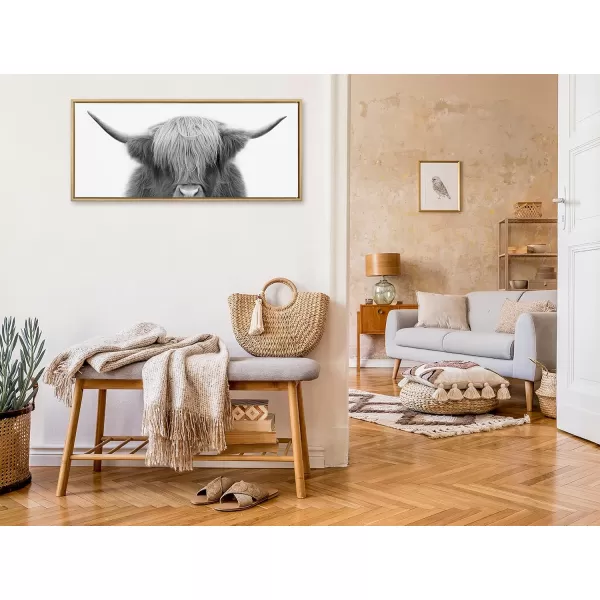 Kate and Laurel Sylvie Hey Dude Highland Cow Framed Canvas Wall Art by The Creative Bunch Studio 18x40 Natural Farmhouse Rustic Panel Art for WallGold