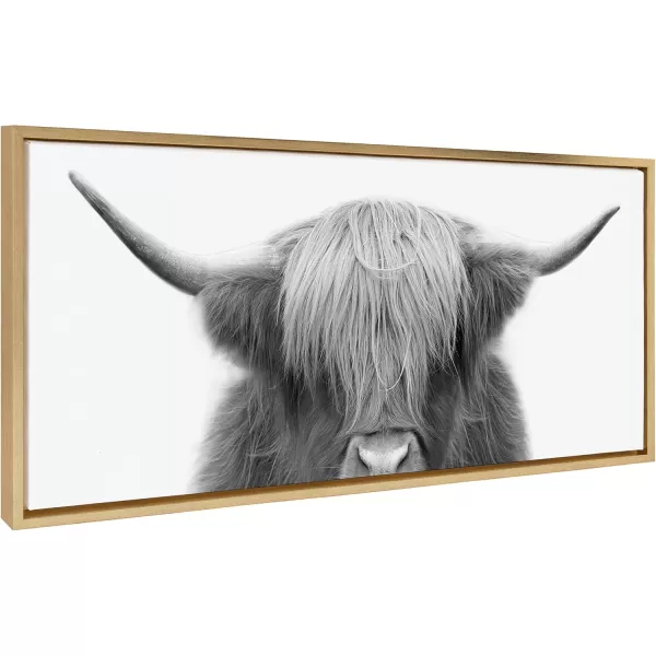 Kate and Laurel Sylvie Hey Dude Highland Cow Framed Canvas Wall Art by The Creative Bunch Studio 18x40 Natural Farmhouse Rustic Panel Art for WallGold