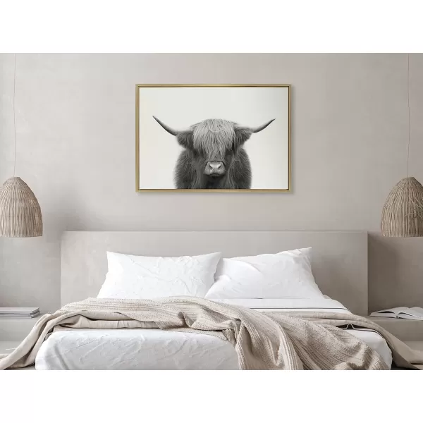 Kate and Laurel Sylvie Hey Dude Highland Cow Framed Canvas Wall Art by The Creative Bunch Studio 18x40 Natural Farmhouse Rustic Panel Art for WallGold