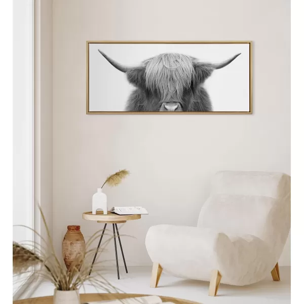 Kate and Laurel Sylvie Hey Dude Highland Cow Framed Canvas Wall Art by The Creative Bunch Studio 18x40 Natural Farmhouse Rustic Panel Art for WallGold