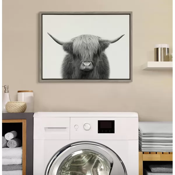 Kate and Laurel Sylvie Hey Dude Highland Cow Framed Canvas Wall Art by The Creative Bunch Studio 18x40 Natural Farmhouse Rustic Panel Art for WallGray