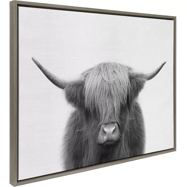 Kate and Laurel Sylvie Hey Dude Highland Cow Framed Canvas Wall Art by The Creative Bunch Studio 18x40 Natural Farmhouse Rustic Panel Art for WallGray
