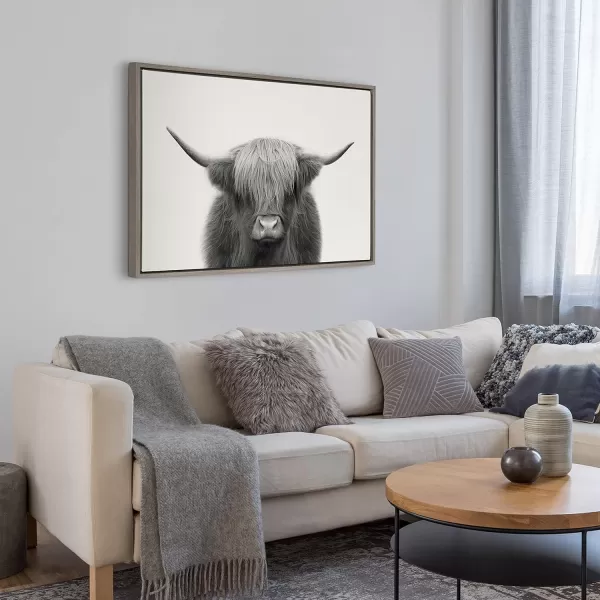 Kate and Laurel Sylvie Hey Dude Highland Cow Framed Canvas Wall Art by The Creative Bunch Studio 18x40 Natural Farmhouse Rustic Panel Art for WallGray