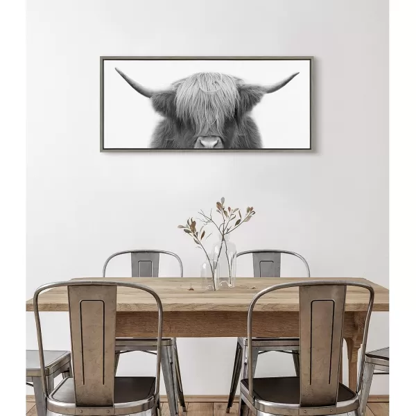 Kate and Laurel Sylvie Hey Dude Highland Cow Framed Canvas Wall Art by The Creative Bunch Studio 18x40 Natural Farmhouse Rustic Panel Art for WallGray