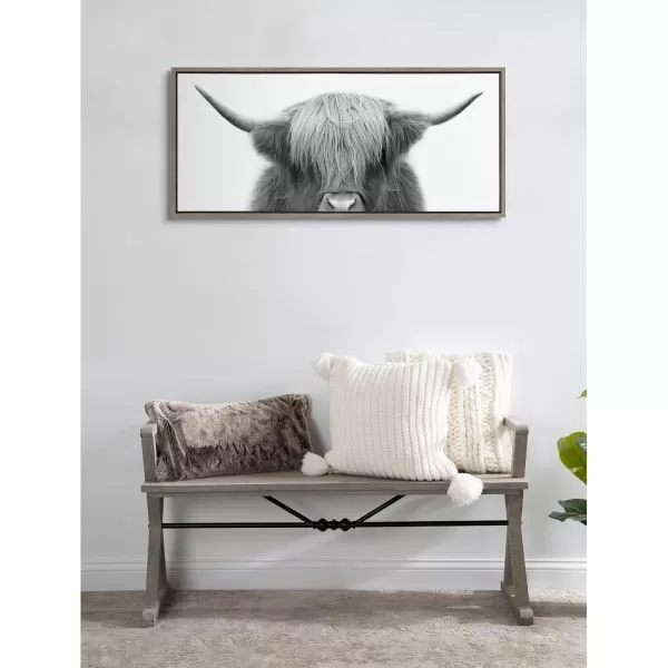 Kate and Laurel Sylvie Hey Dude Highland Cow Framed Canvas Wall Art by The Creative Bunch Studio 18x40 Natural Farmhouse Rustic Panel Art for WallGray