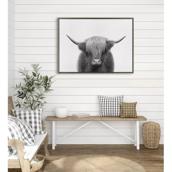 Kate and Laurel Sylvie Hey Dude Highland Cow Framed Canvas Wall Art by The Creative Bunch Studio 18x40 Natural Farmhouse Rustic Panel Art for WallGray
